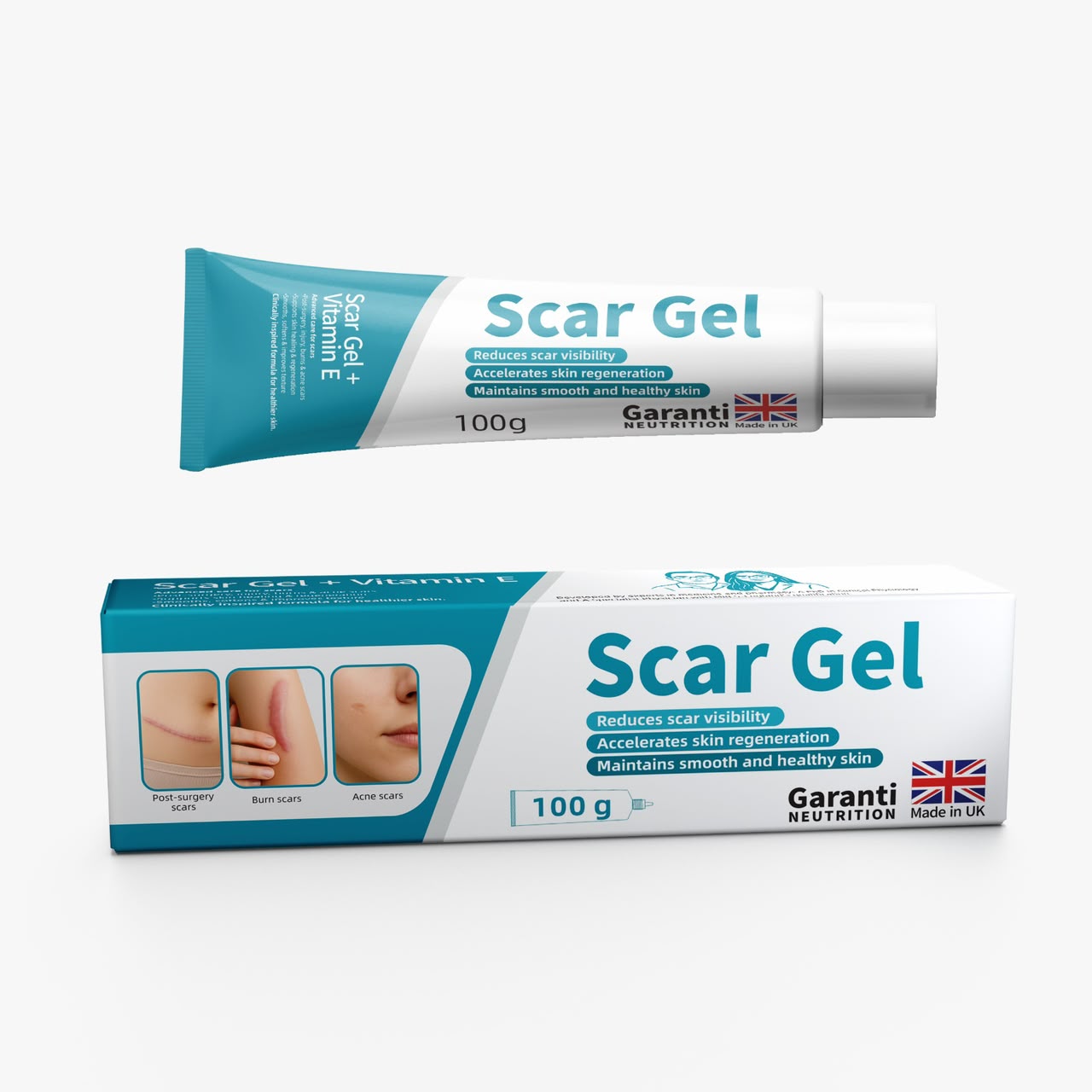 Garanti Nutrition Scar Gel packaging, developed and manufactured in the UK